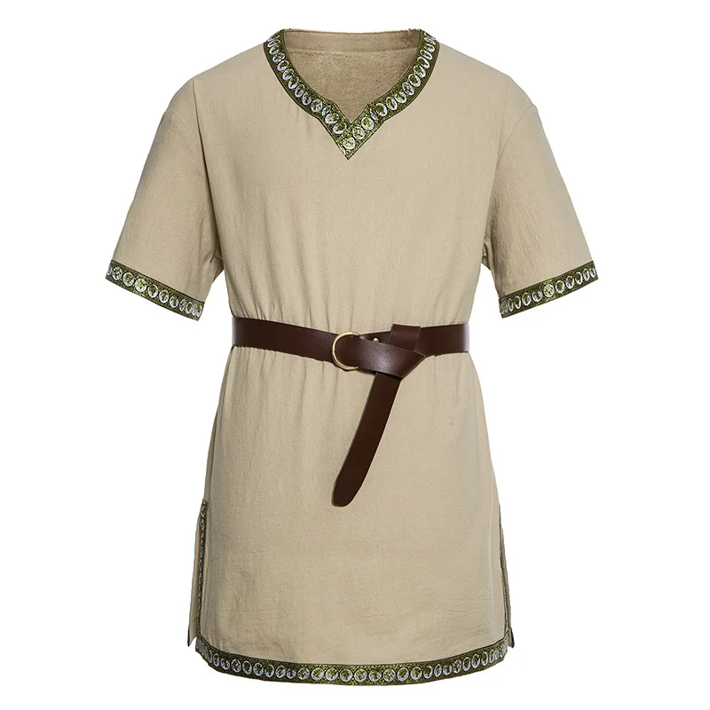 Khaki Medieval Knight Warrior Tops Adult Men 100% Cotton Short Sleeve Tunic Pirate Shirt Norman Chevalier Cosplay Costume линолеум juteks magnit norman 1 бытовой 3 м