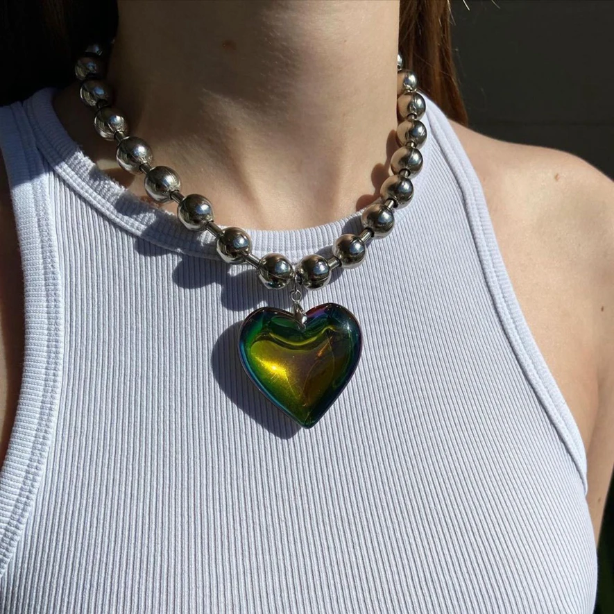 Collier Ras Du Cou Femme Avec Pendentif Cœur épais Argenté - Style Y2K, Cadeau Fête - Bijou Tendance Minimaliste