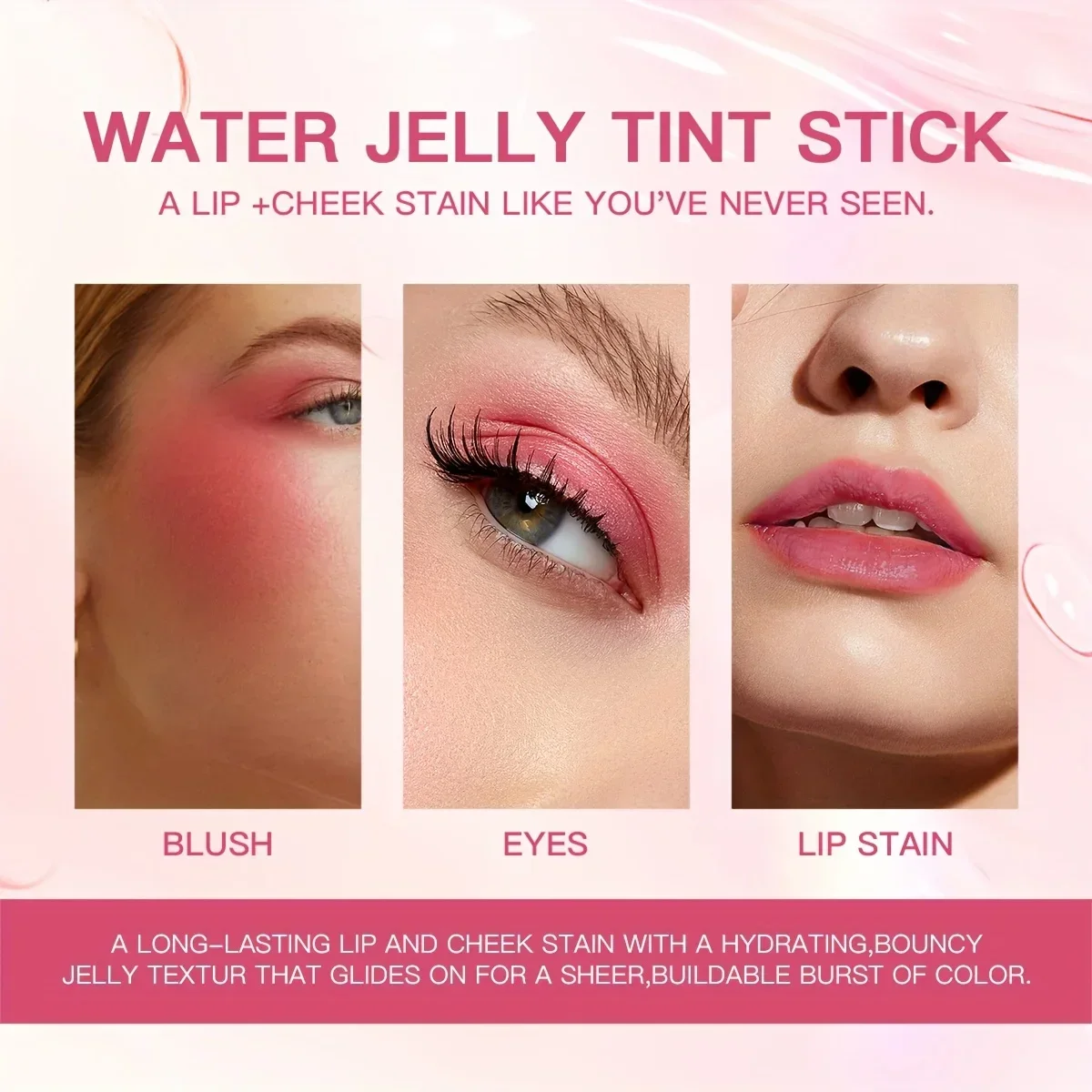 New Natural Long-lasting Blush Stick Lip Tinted Cooling Water Jelly Tint Jelly Blush Stick Watercolor Multi-Use Makeup
