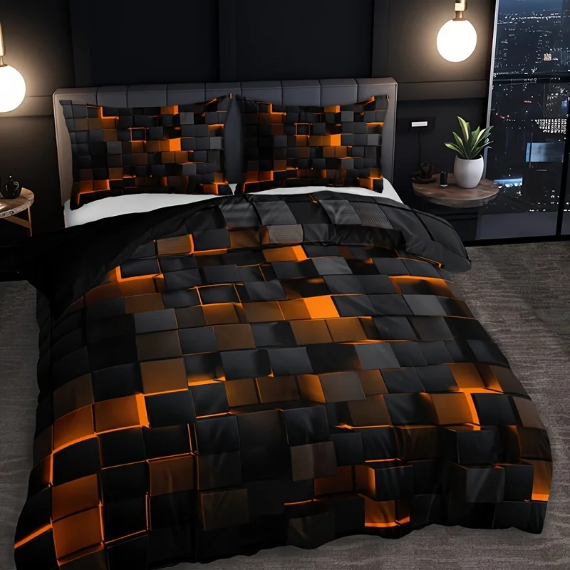 3 Set of Technology Plaid down Quilt Cover，Breathable polyester，Suitable All Seasons，Digital Printing，Washable，Woven