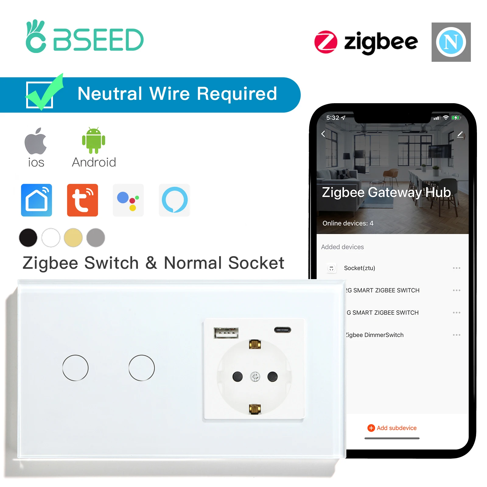 BSEED Zigbee 1/2/3Gang Smart-Wand Schalter Plus EU Steckdose Mit Typ-C USB  stecker Tuya Google Alexa Stimme Wireles Control