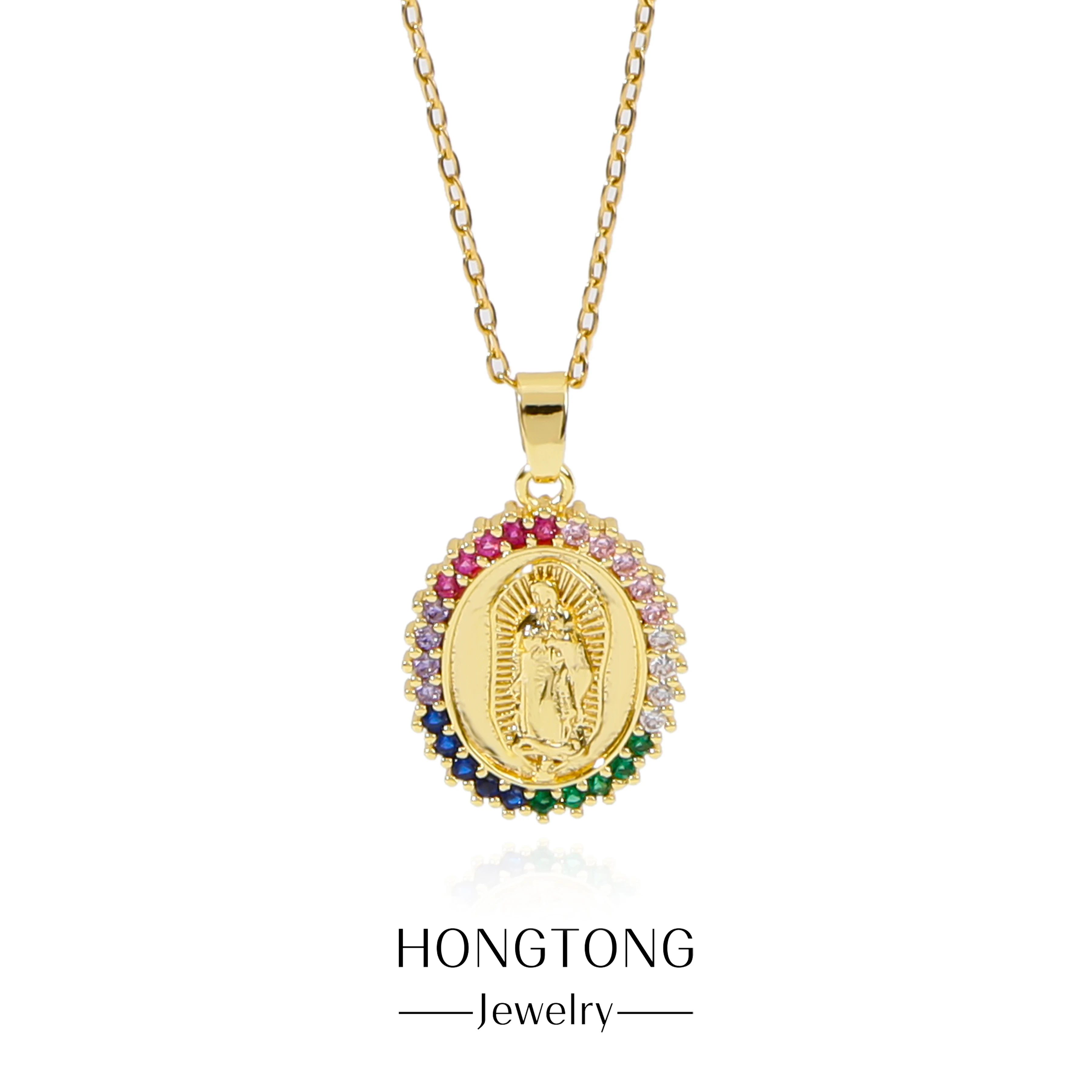 

HONGTONG Colorful Zircon Inlaid Madonna Portrait Religious Pendant Necklace Ladies Stainless Steel Exquisite Church Gift