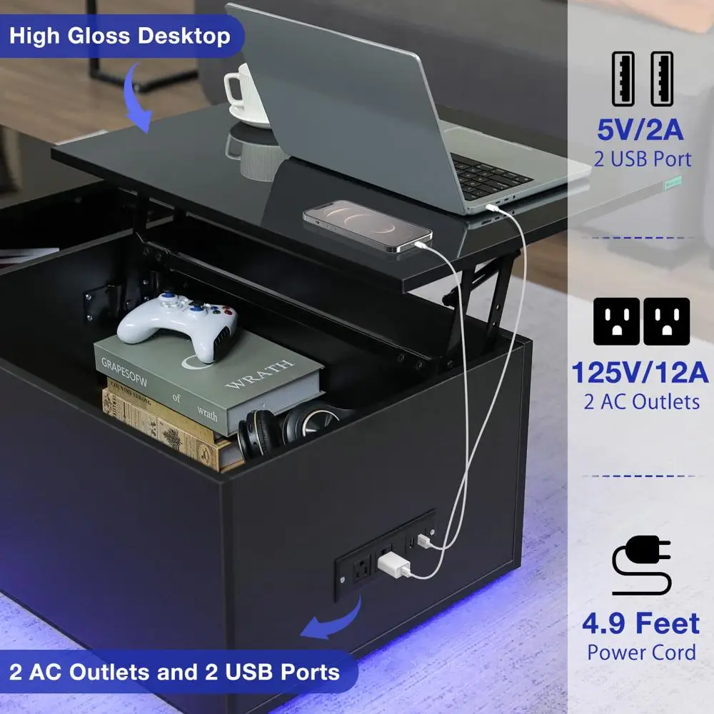 Lift Top Coffee Table with USB Ports LED Lights Storage Drawer Modern Design Rectangular Center Table Adjustable Height Indoor 5