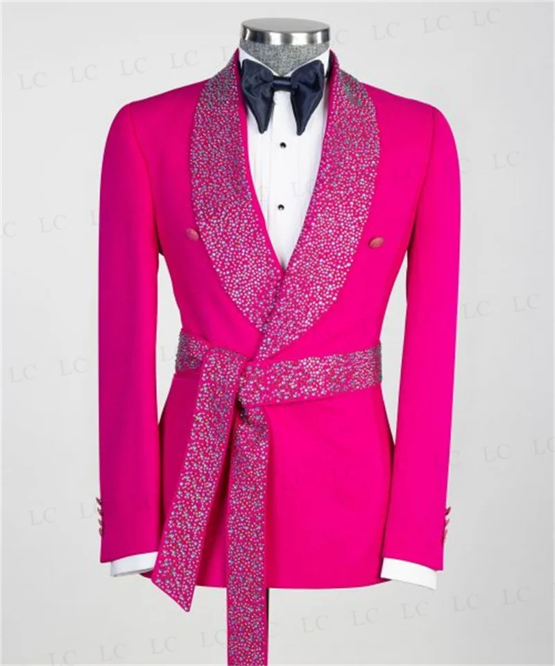 Men Suits Beads Crystal Luxury 2 Pieces Blazer PantOne Button With Belt Wide Lapel Formal Party Wedding Groom Plus Size Tailored