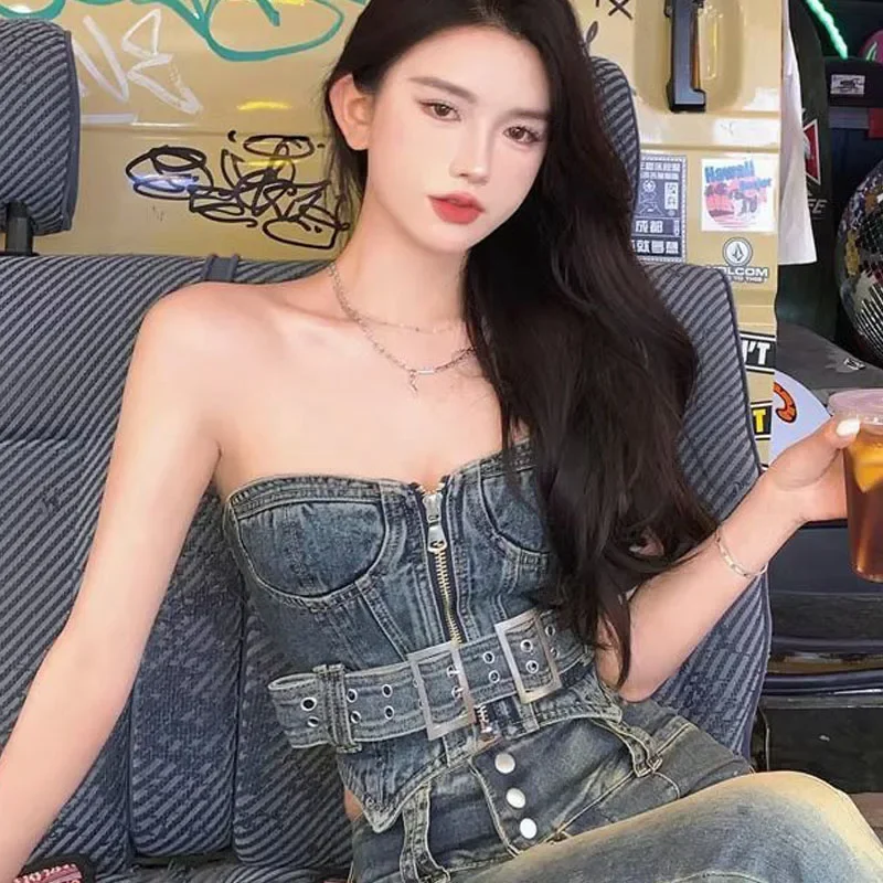 

Women's Sexy Short Tank Tops Crop Top 2024 Denim Fabric Zipper Splicing Waist Belt Bustier Vest Ladies Skinny Jeans Top Bralette