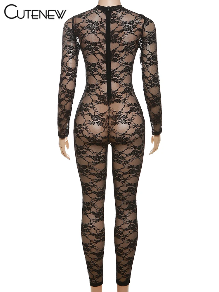 Women's Solid Jumpsuit Casual Sexy Lace Fitness See-through One-Piece Sporty Attirewear Rompers Streetwear Overalls New