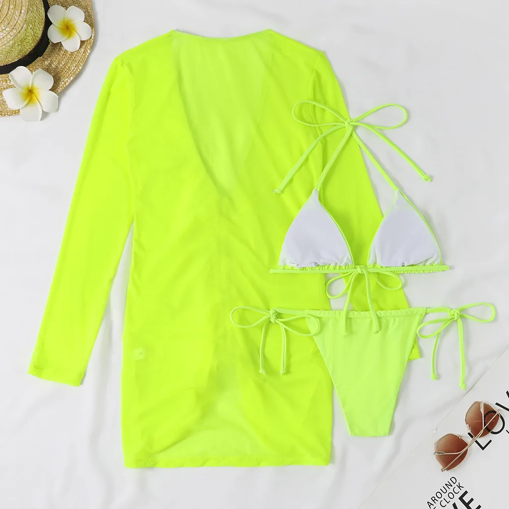 2023 Beach Cover Up And Bikini Set Sexy Swimwear Women Dresses Long Sleeve Mesh Swimsuit Thong Biquini Female Neon Beachwear