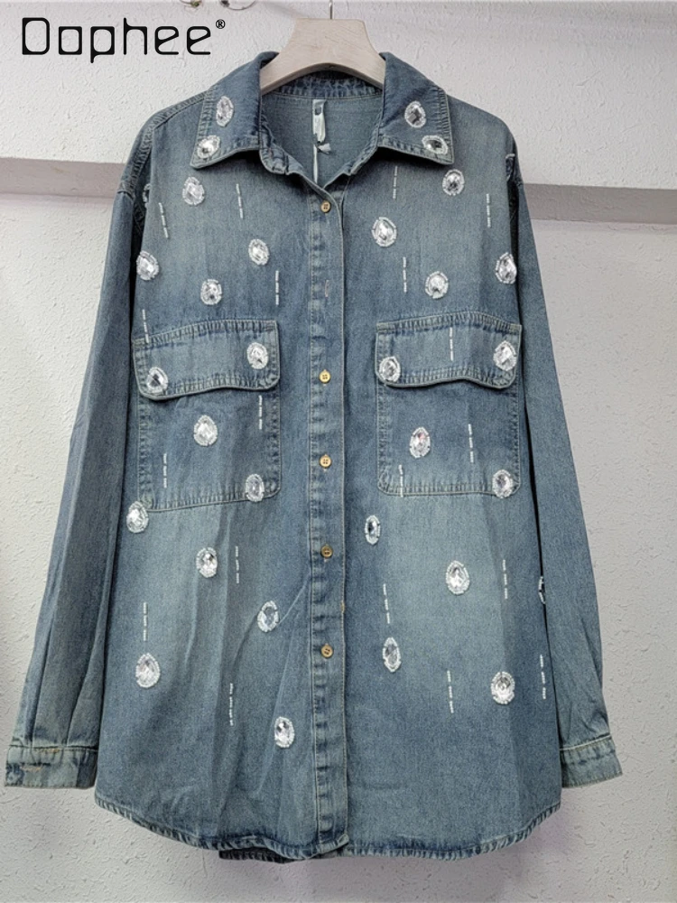 retro-beaded-long-sleeve-denim-shirt-for-women-2024-spring-new-sweet-cool-style-mid-length-blouse-loose-casual-top-female