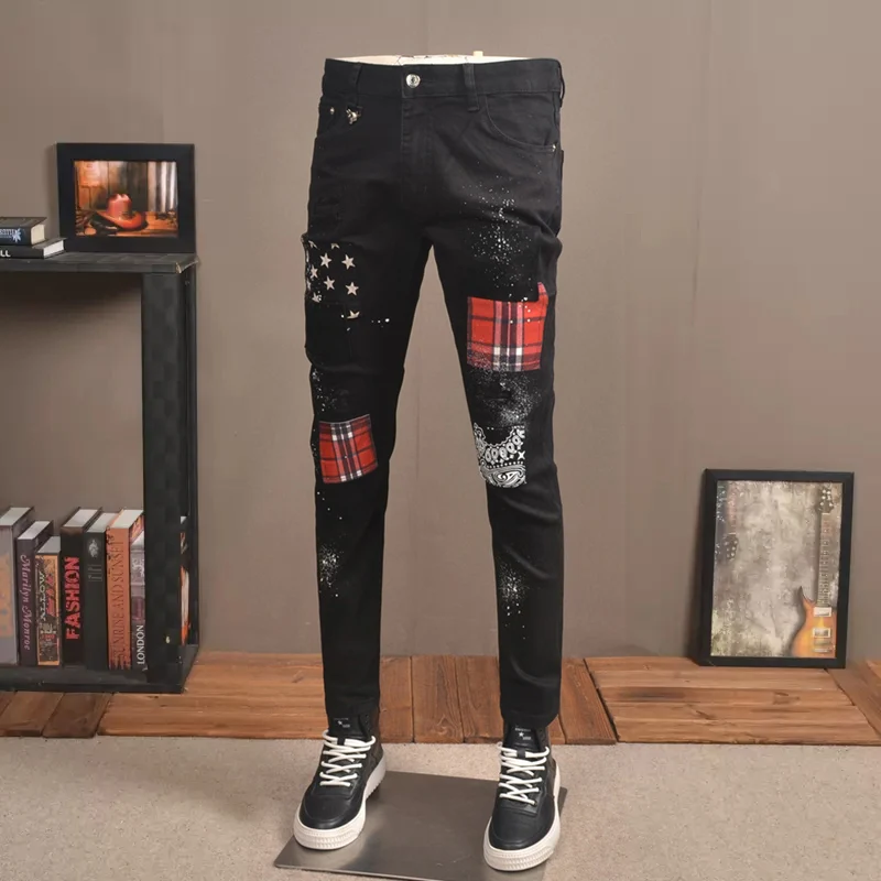 Fashion Streetwear Men Jeans Black Color Stretch Slim Fit Painted Ripped Jeans Men Patch Designer Elastic Hip Hop Pants Hombre