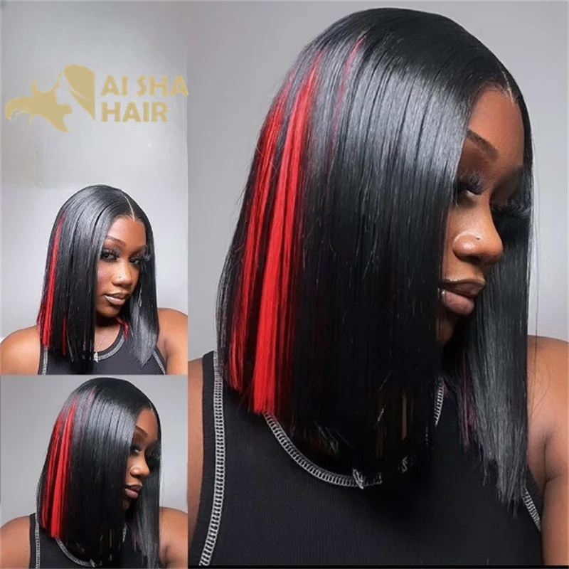 

Парики из человеческих волос с Красной сеткой спереди для женщин, прозрачные кружевные прямые короткие парики, парик с Горячим Красным Бобом, бразильские волосы Remy, предварительно выщипанные