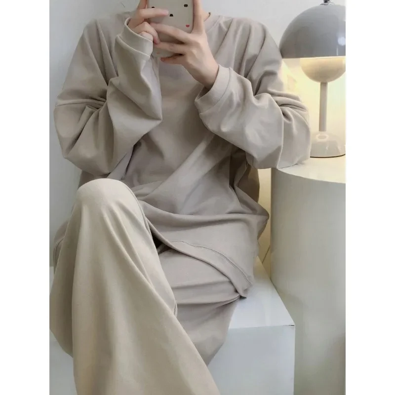 Premium Simple Women's Pajamas Set of Solid Color Long-sleeved Spring and Autumn Models Casual and Elegant Homewear Sleepwear