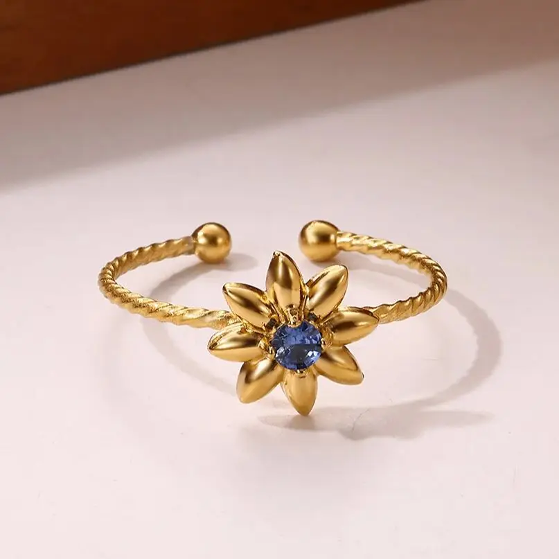 Stainless Steel Adjustable Flower Ring with Blue Stone Gold Color