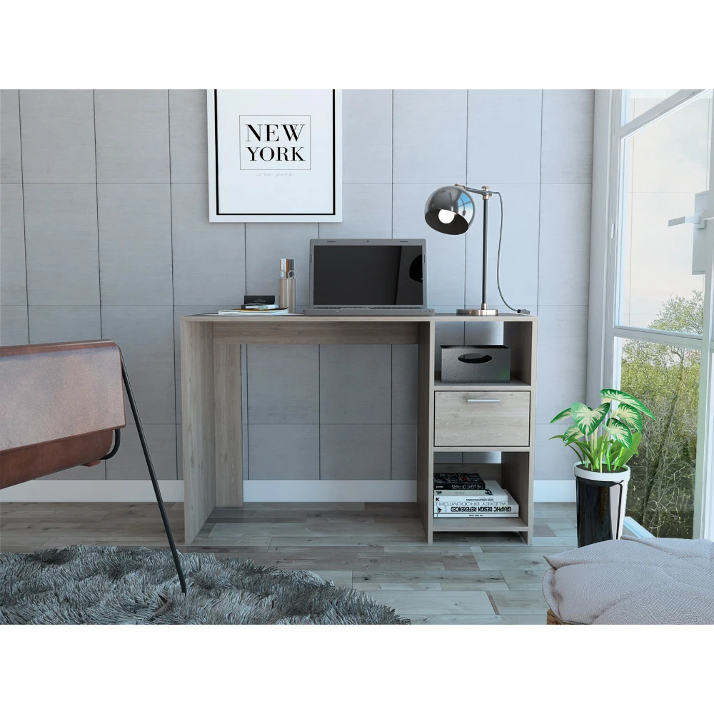 

Light Gray Covington Writing Desk with 2 Shelves and 1 Drawer for Home Office Organization and Storage. Add Style and Function t