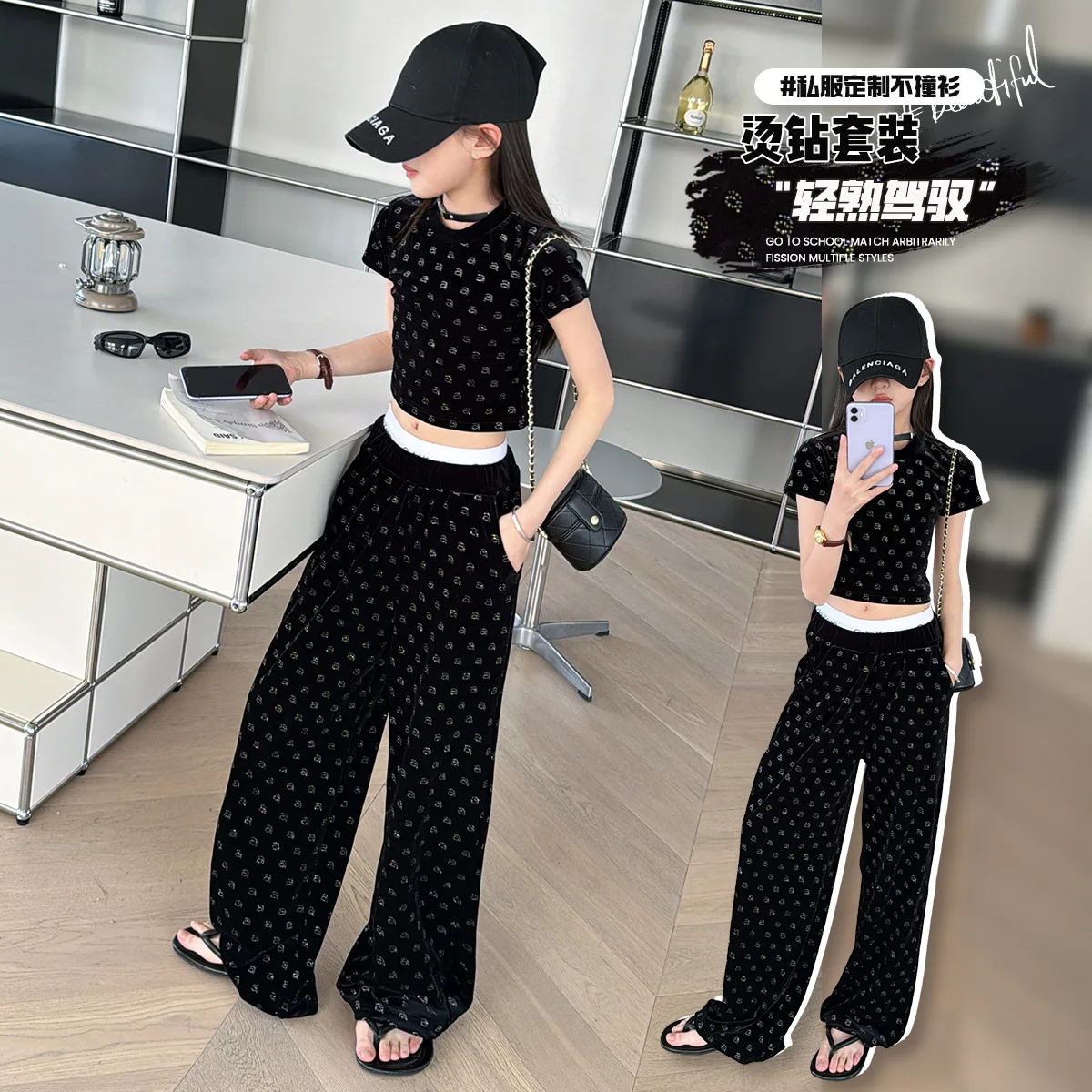 

Летний костюм для девочек, новинка 2024, тонкие модные широкие штаны с короткими рукавами для детей среднего и большого возраста, с подвесками из страз