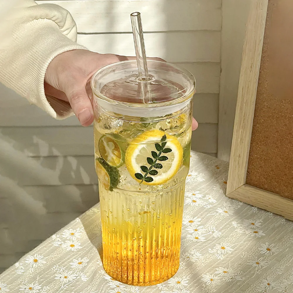450600mlStripeGlassesWithLidandStrawTransparentGlassCupFor