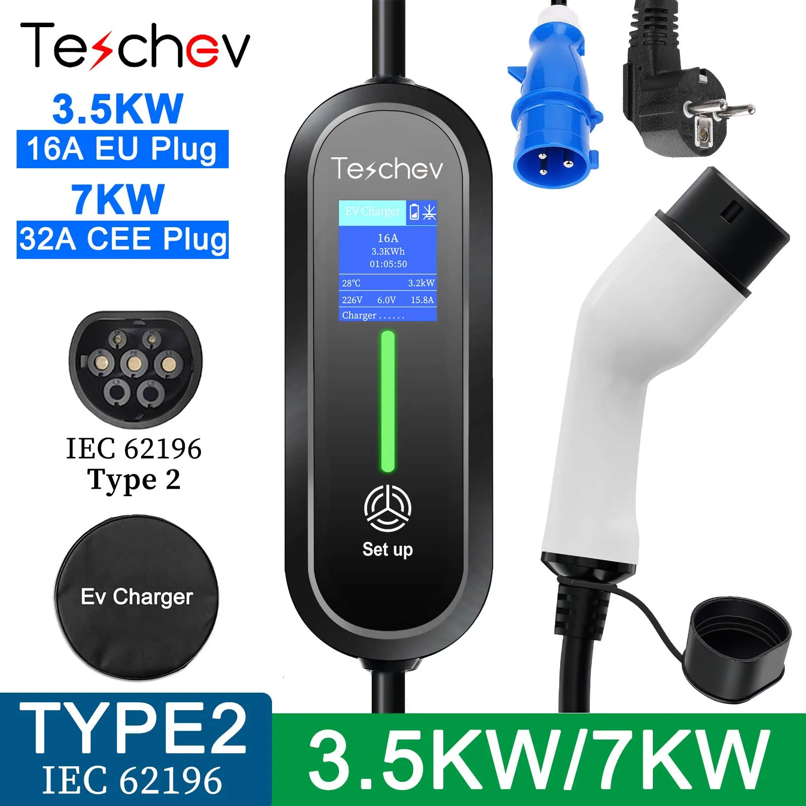 Teschev 3.5kW Portable Type2 EV Charger Cable 7KW IEC62196-2 EVSE Charging Wallbox Car Charger for Electric Vehicle