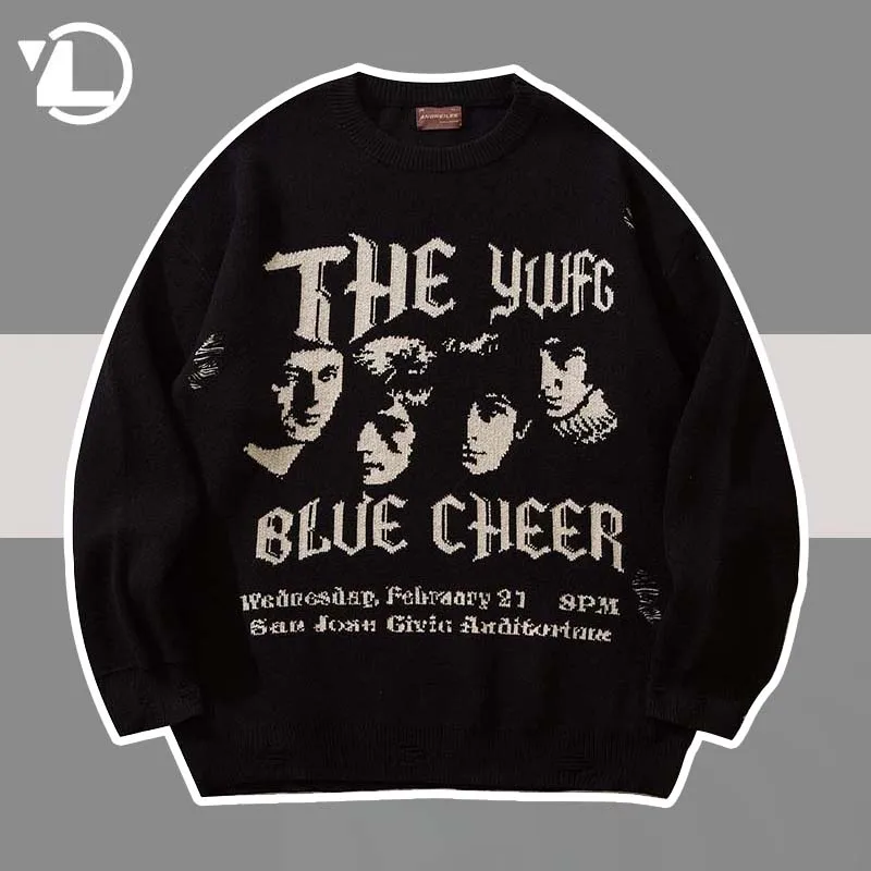 

Portrait Printed Knitted Sweater Men Hip Hop Ripped Anime Print Pullover Autumn Winter Retro Streetwear Oversized Sweaters Tops