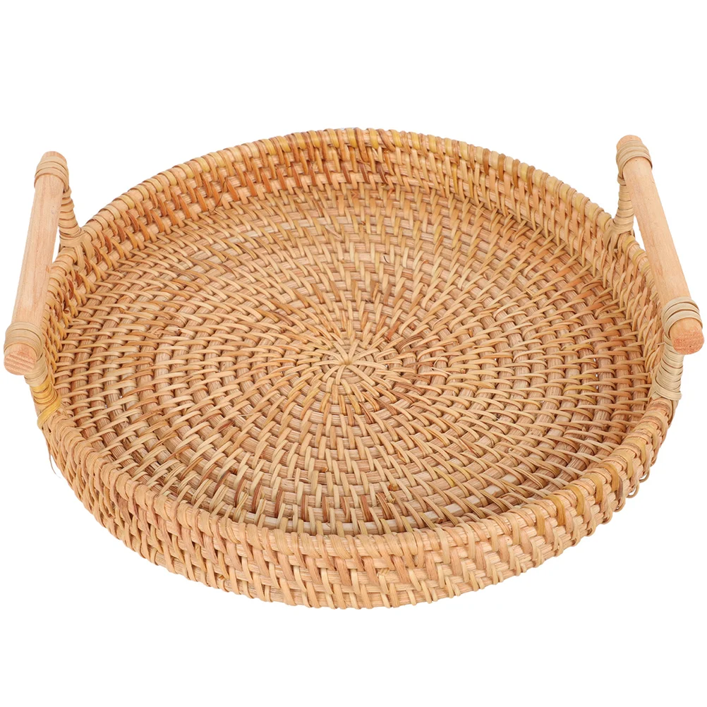 

Round Wicker Tray with Handles Woven Bread Fruit Snacks Tray Coffee Table Serving Tray