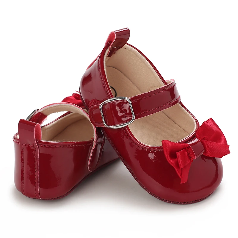 Baby shoes Red classic PU leather girl bow princess flat shoes anti slip rubber sole walking newborn baby crib dress shoes 0-18M