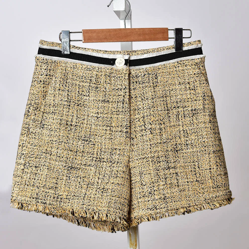 

Clearance Price Spring and Summer New Women Tweed Tassel Shorts Ladies Contrast Color High Waist Straight Short Pants