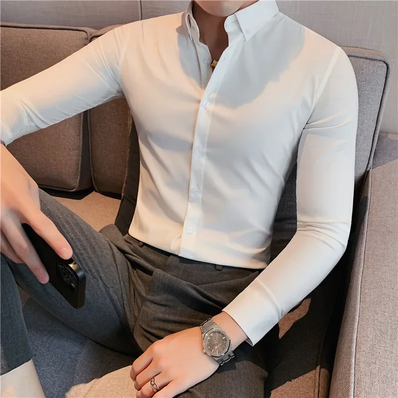 Men Casual Shirts British Style Men Long Sleeved Shirt 2025 Autumn Anti-wrinkle Soft Solid Casual Elastic Slim Fit Camisas Y Blusas Men Clothing