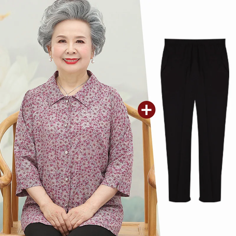 Fdfklak Middle Aged Mother 3/4 Sleeve Top + Long Pant Two Piece Set Elderly Lady Suit Spring Tracksuit Women XL-5XL