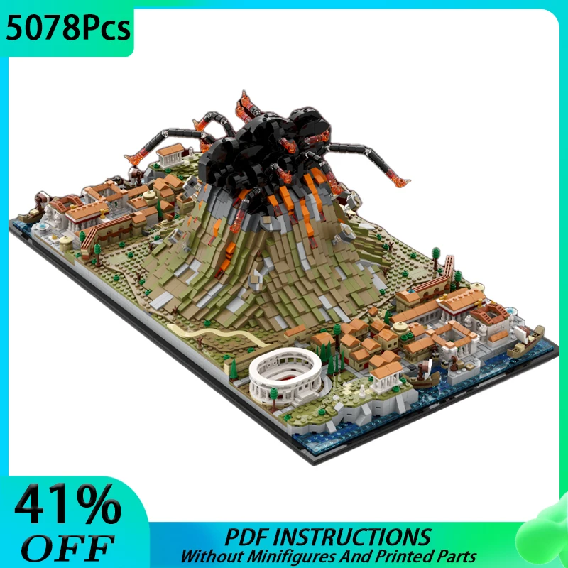 

MOC Volcano Model Medieval Pompeii Town Modular Street view Building Blocks DIY Mountain Magma Brick Children Toy Christmas Gift