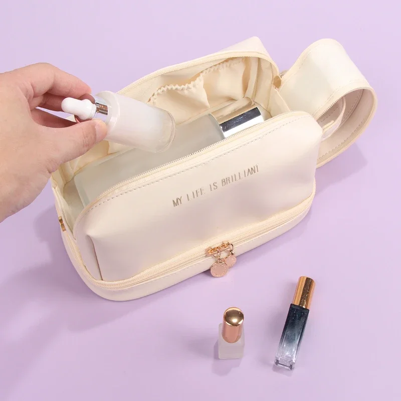 Cosmetic Bags for Women Elegant PU Leather Make Up Pouch Travel Toiletries Organizer Storage Hangbag Korean Carry-on Makeup Tote