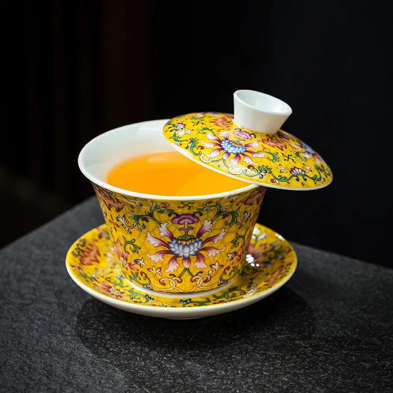 Palace Style Ceramic Gaiwan Enamel Colour with Cover Teacup Light Luxury Chinese Beauty Tea Infuser Home Tea Set Accessories