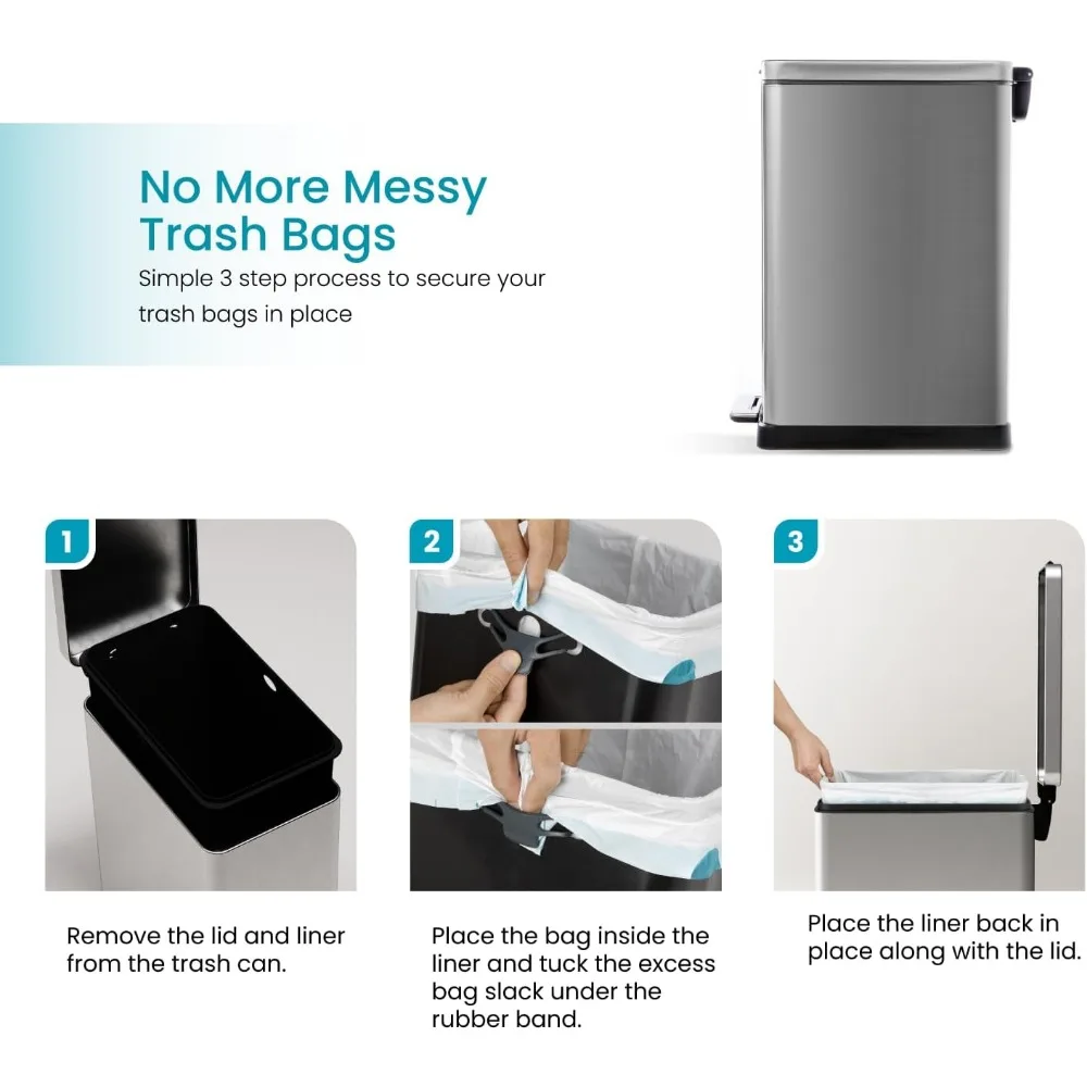 12 Gallon Slim Kitchen Trash Can with Slow Close Lid and Step Pedal, Stainless Steel, Silver, 45 Liters