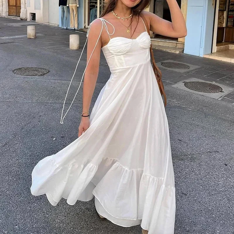 Womens White Halter Straps Long Dresses Summer New Fashion Dress Casual  High Waist A-line Dresses Sexy Outfits Vacation Sundress - AliExpress  200000345