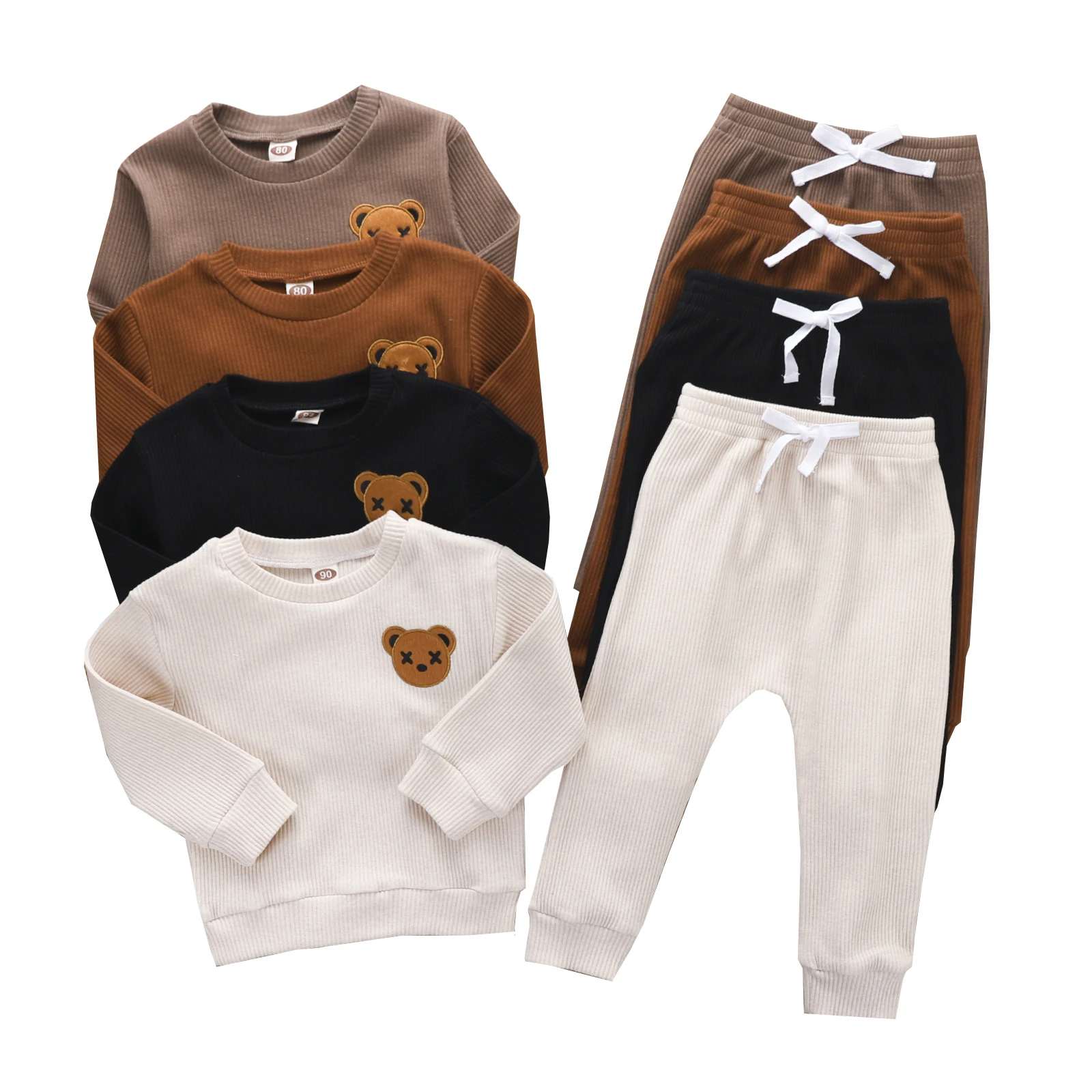 -06-02 Lioraitiin 0-4Years Little Toddler Boy Round Neck Long Sleeve Embroidered Bear Patch Tops Elastic Waist Long Pant