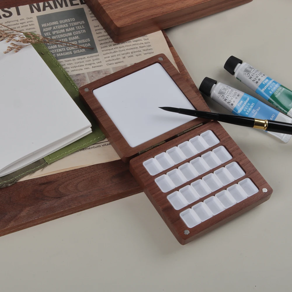 SeamiArt 1pc Black Walnut Wood Square Painting Box with Palette 0.5ml Half Pans for Watercolor Subpackage Storage Art Supplies 3