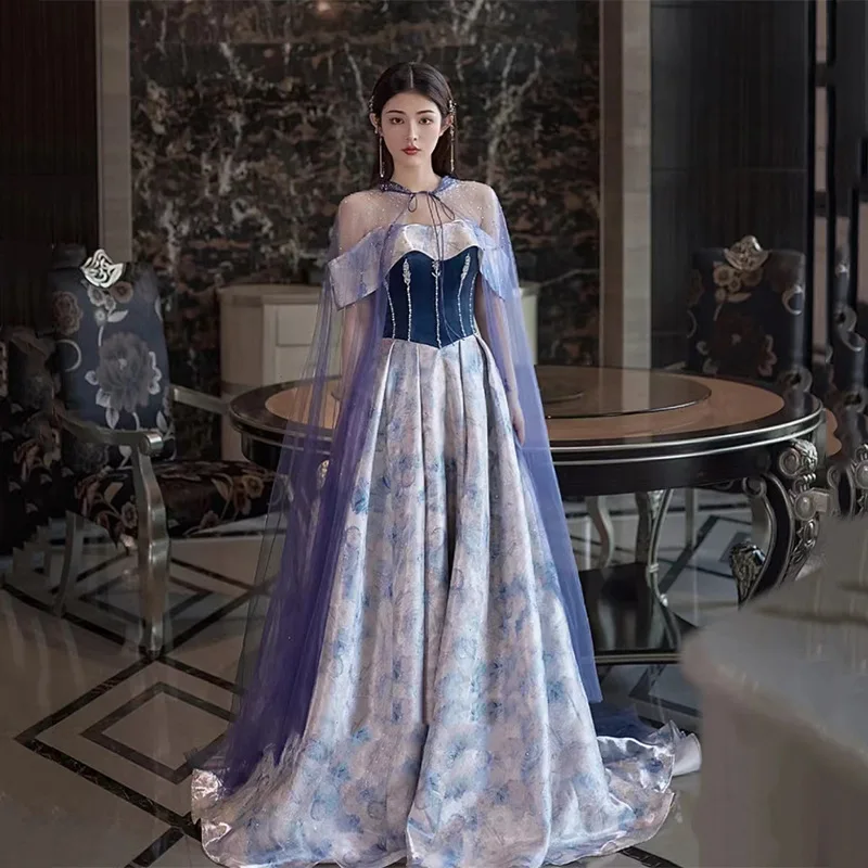 

Luxury Purple Evening Dresses With Cloak Cape Vintage Strapless Boat Neck Beading Flower Print A Line Prom Fairy Prom Gowns New