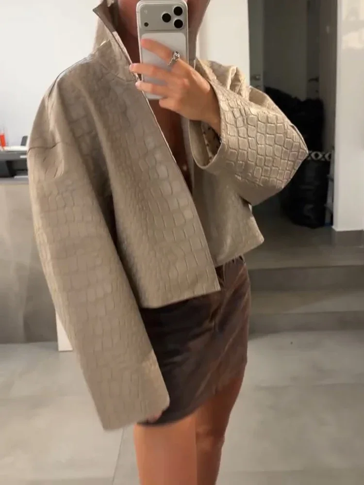 Veste décontractée en cuir PU pour femme, chic, unie, à manches longues, col montant, vêtement d'extérieur pour femme, automne-hiver 2026, vestes courtes pour femme.