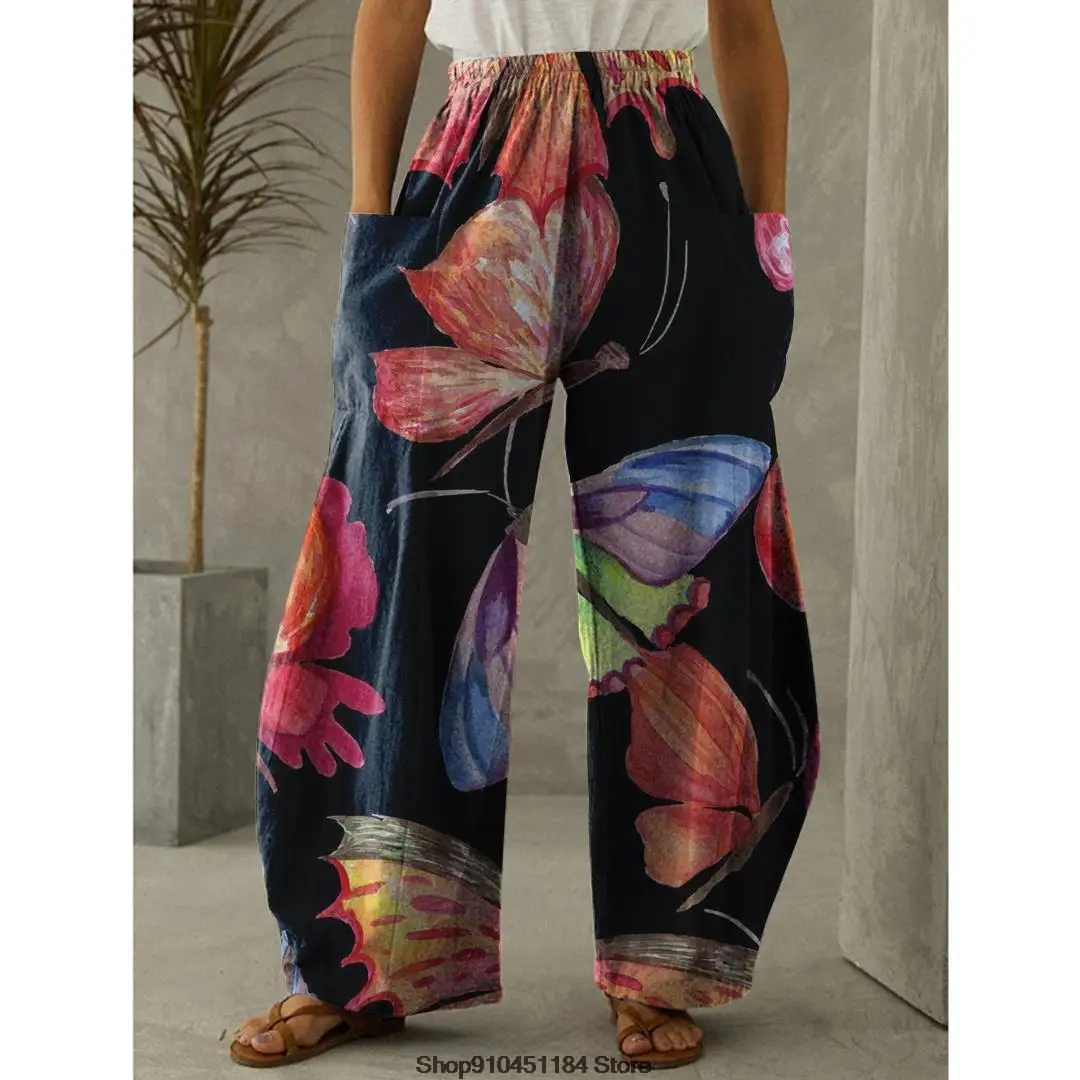 2022 Spring Butterfly Print Long Pants Casual Loose Trousers Bohemian Vintage Beach Wear Women Pretty Wide Leg Trousers
