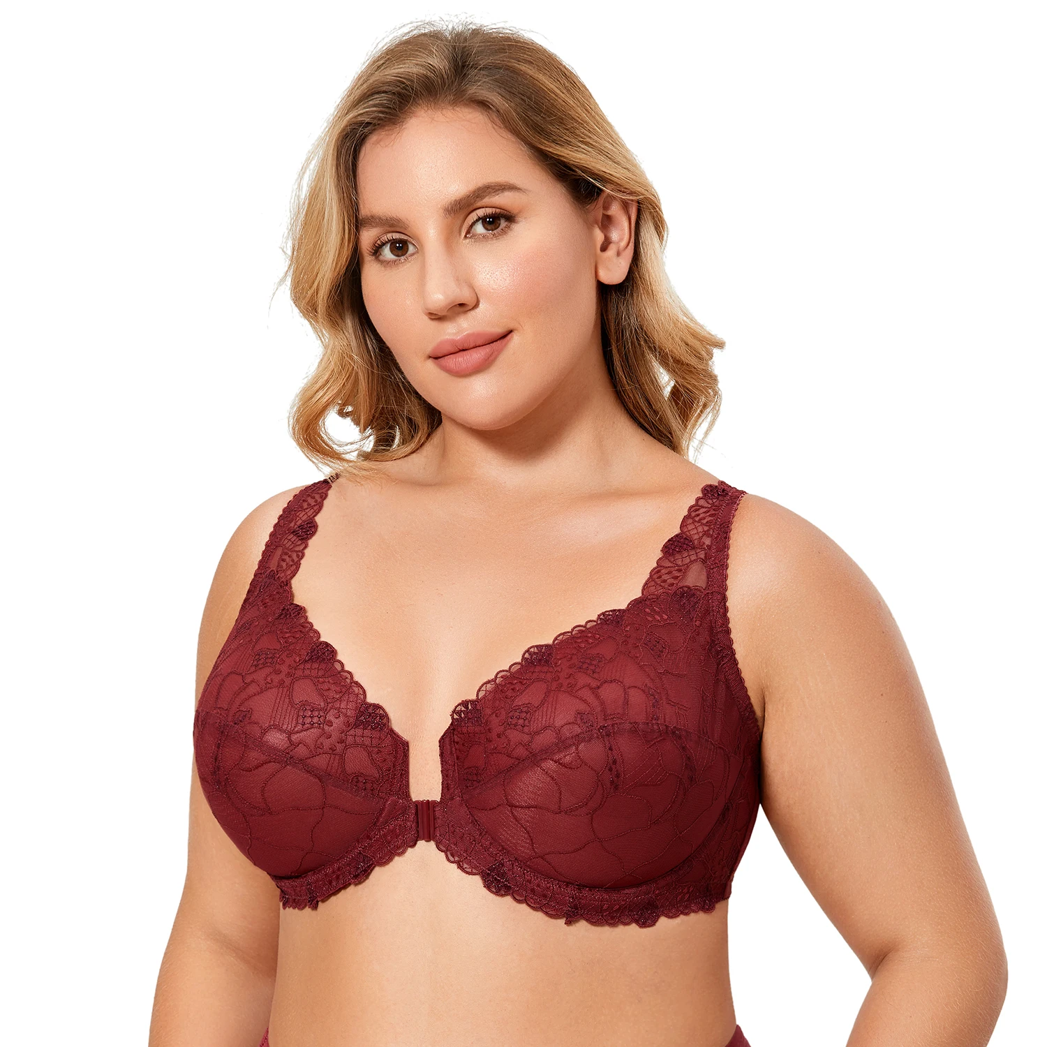 Women's Plus Size Front Closure Bra Sheer Floral Lace Full Coverage  Underwire Unlined Wide Shoulder Straps