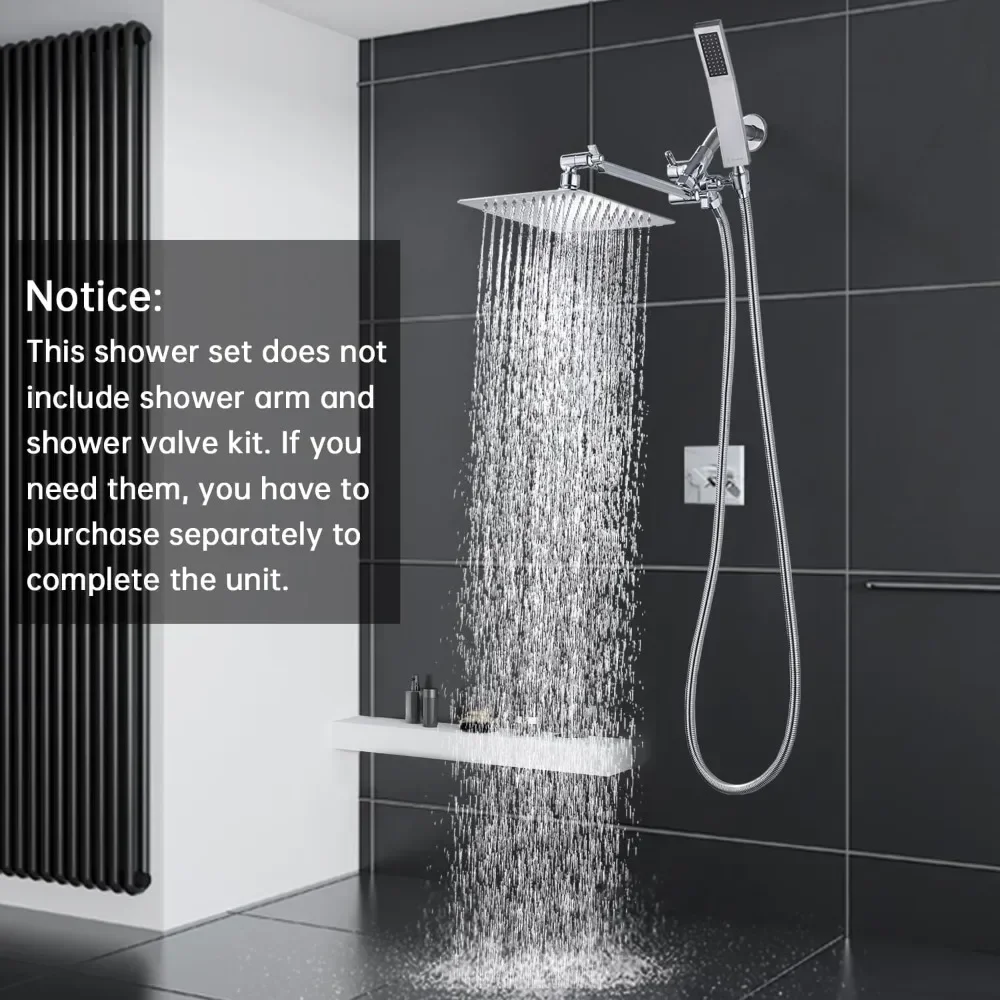 All Metal 8" Dual Square Shower Head Combo Rain Shower Head Handheld Wand Adjustable Smooth 3-Way Diverter Chrome shower head,shower diverter valve