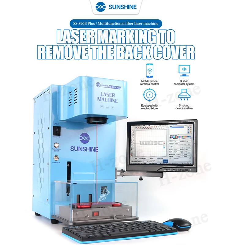 

SUNSHINE SS-890B Plus 20W Optical Fiber Laser Marking Machine Rear Cover Glass Remove with Smoke purification for iPhone 13 pro