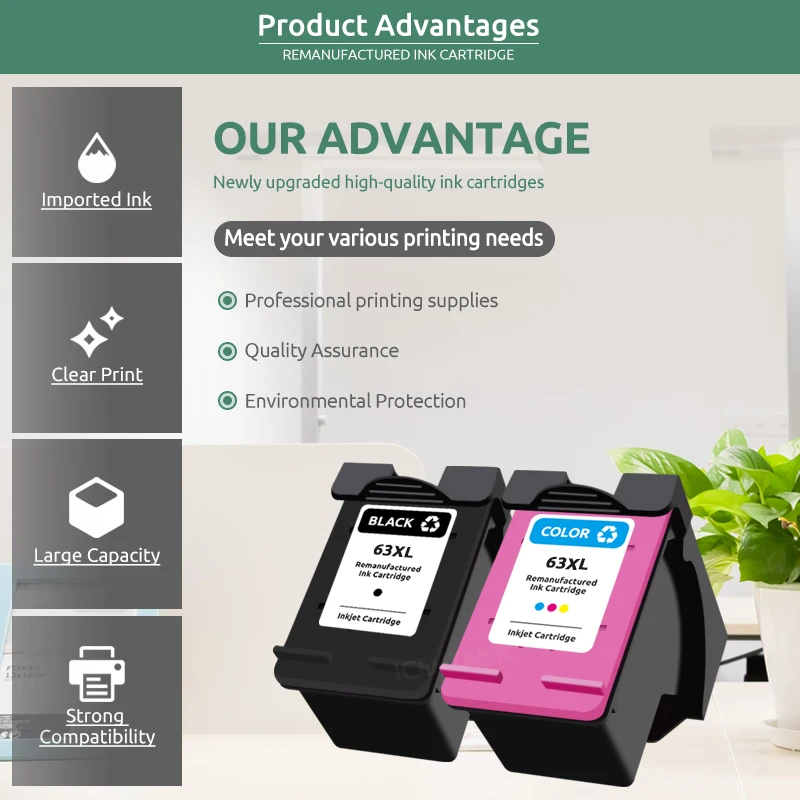 Icehtank Refilled 63XL Ink Cartridge for HP 63 XL Officejet 5200 4652 4655 3830 4650 4656 4657 ENVY 4510 4511 4520 4522 4526 inkjet ink cartridge ink cartridge