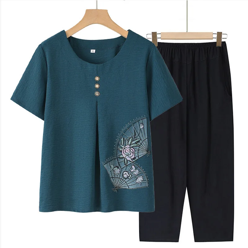 5XL Women's Pajamas Set Summer Middle Aged Mother Short Sleeve Sleepwear Round Collar Korean Pajamas Outside Wear Pijama Mujer