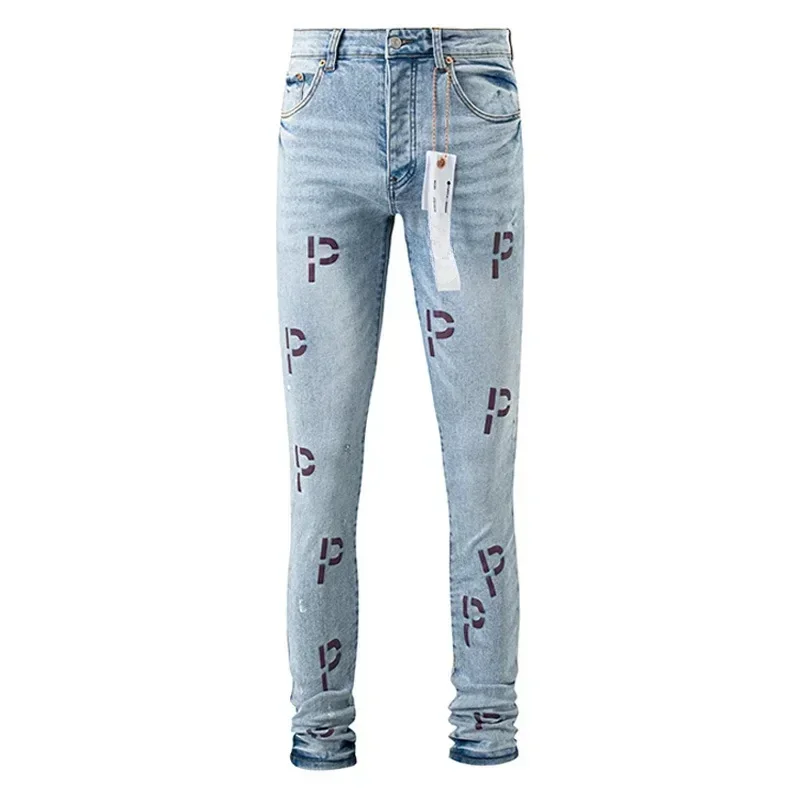 Purple Jeans American High Street Ripped Patch Paint Point Trendy Retro Small Foot Jeans 3