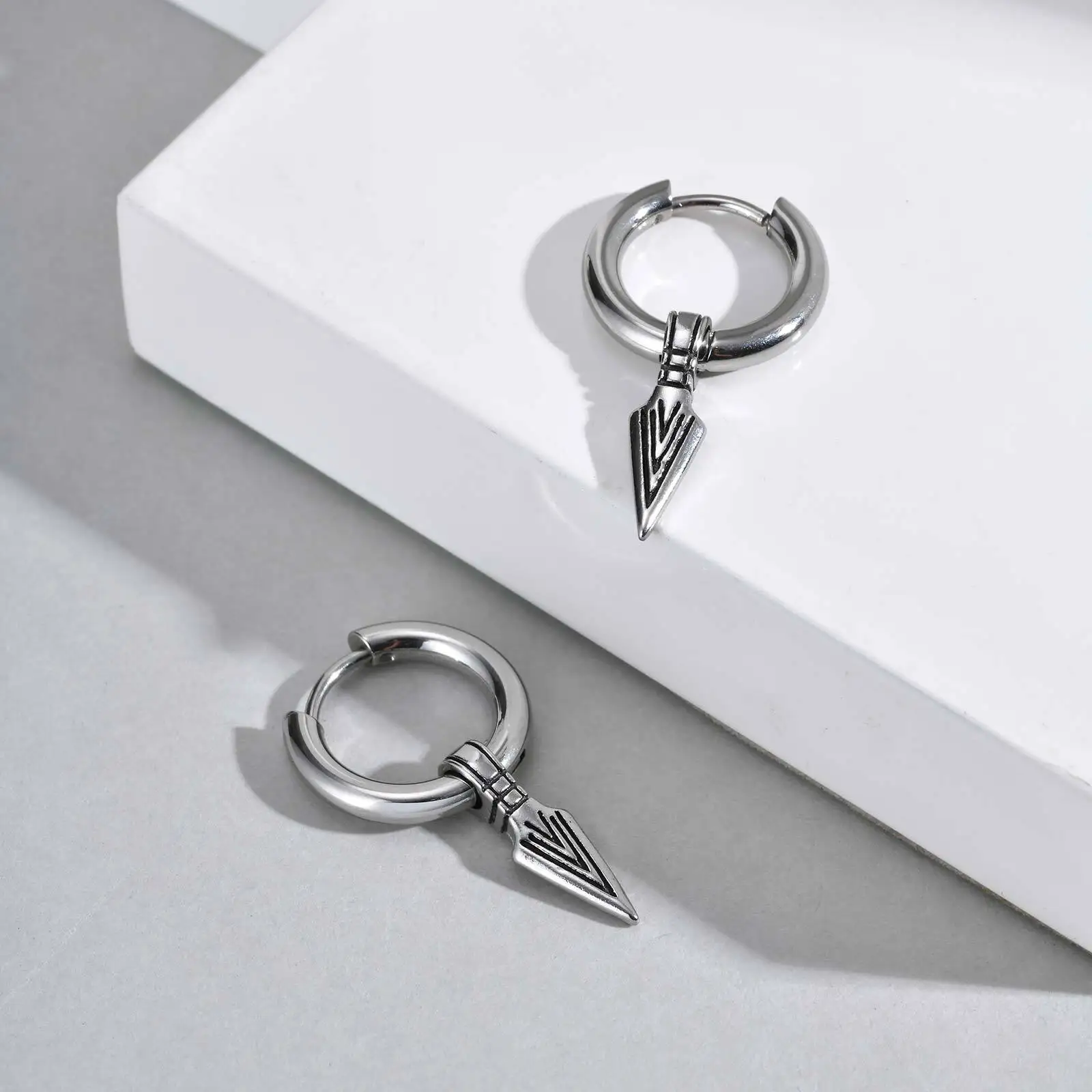 Punk Spear Hoop Earrings for Men Boys,Stainlesss Steel Triangular Pointed Huggies Earring,Anti Allergy Earring
