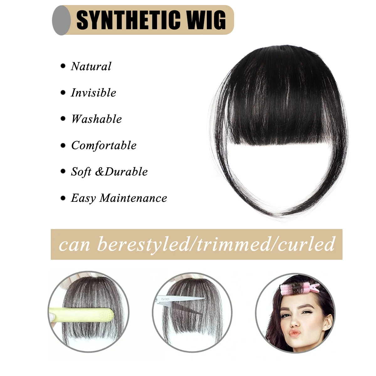 Synthetic  Clip In Fringe Bangs Short Straight Black Air bangs Hair Extension Hair  For Women False Bang Hairpiece