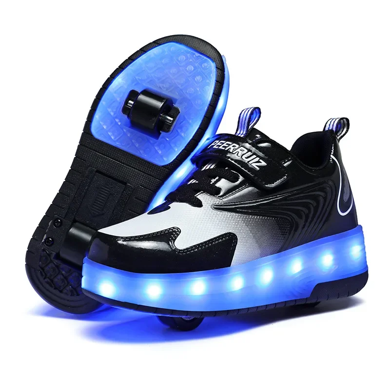 Children's Roller Skate Shoes Lace-Up LED Lighting Boy Girls Student Adult Walking Running Shoes Double Wheel Flying