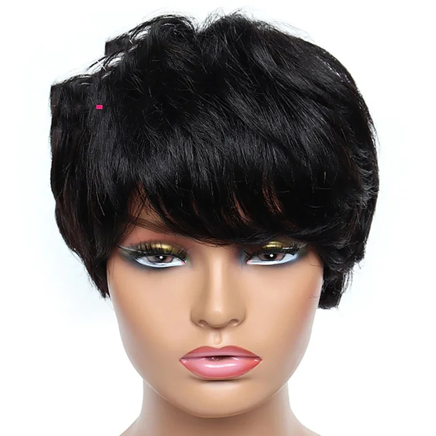 Short Pixie Cut Human Hair Blend Wig Straight Remy Brazilian Hair for Black Women Machine Made Colored Wig