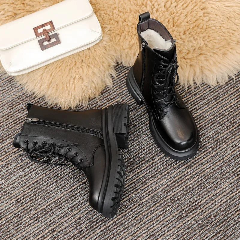 Aiyuqi Damen stiefel Echt leder rutsch feste große Damen Winters tiefel Britischer Stil bequeme Wolle Damen Schneeschuhe