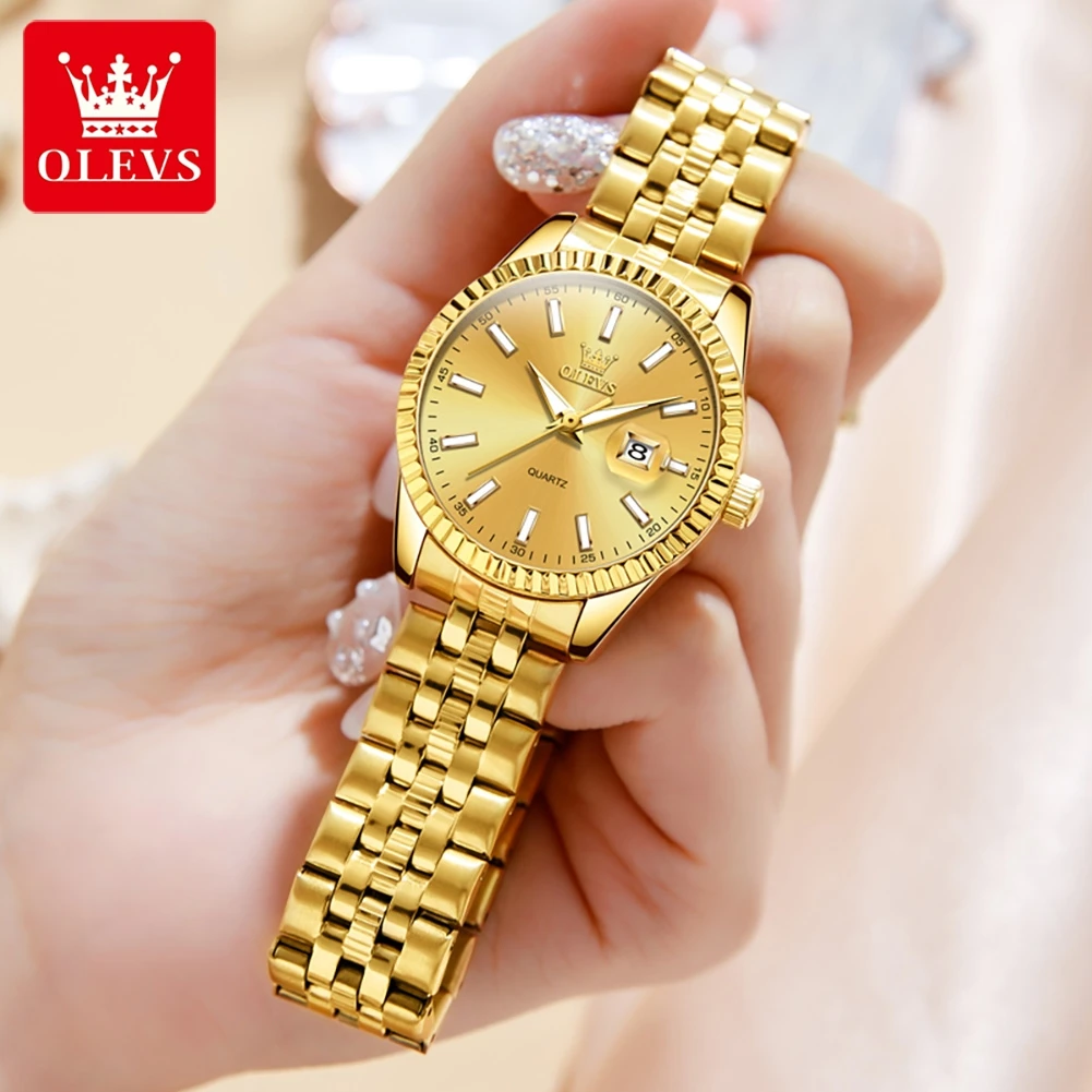 OLEVS Original Luxury Couple Watch Gold Stainless Steel Strap Quartz Men and Women Watch Romantic Lover Gift Bracelet Watches