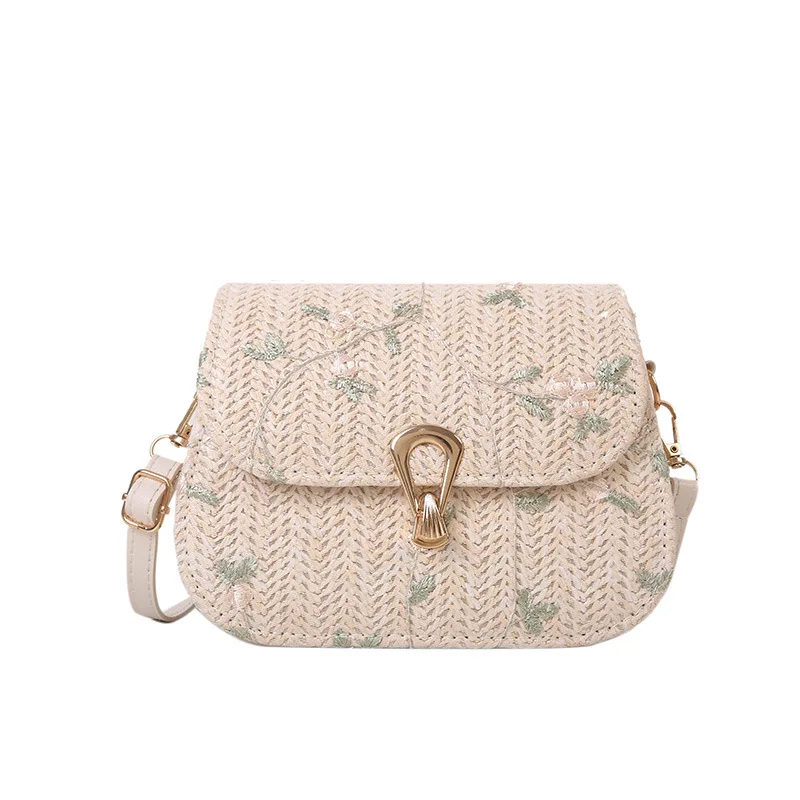 

Summer Floral Embroidery Messenger Shoulder Bag For Women Straw Stitching Crossbody Bag Beach Travel Handbag Lady Small Tote Bag