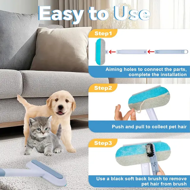 4-in-1 long handled pet hair removal brush with adjustable length, washable, reusable cat and dog hair remover 3